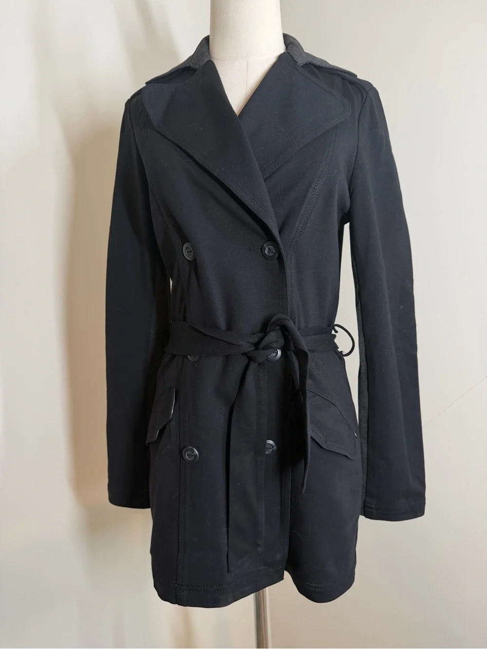 Michael Stars Women’s Classic Black -SZ S- Double-Breasted Short Trench Coat